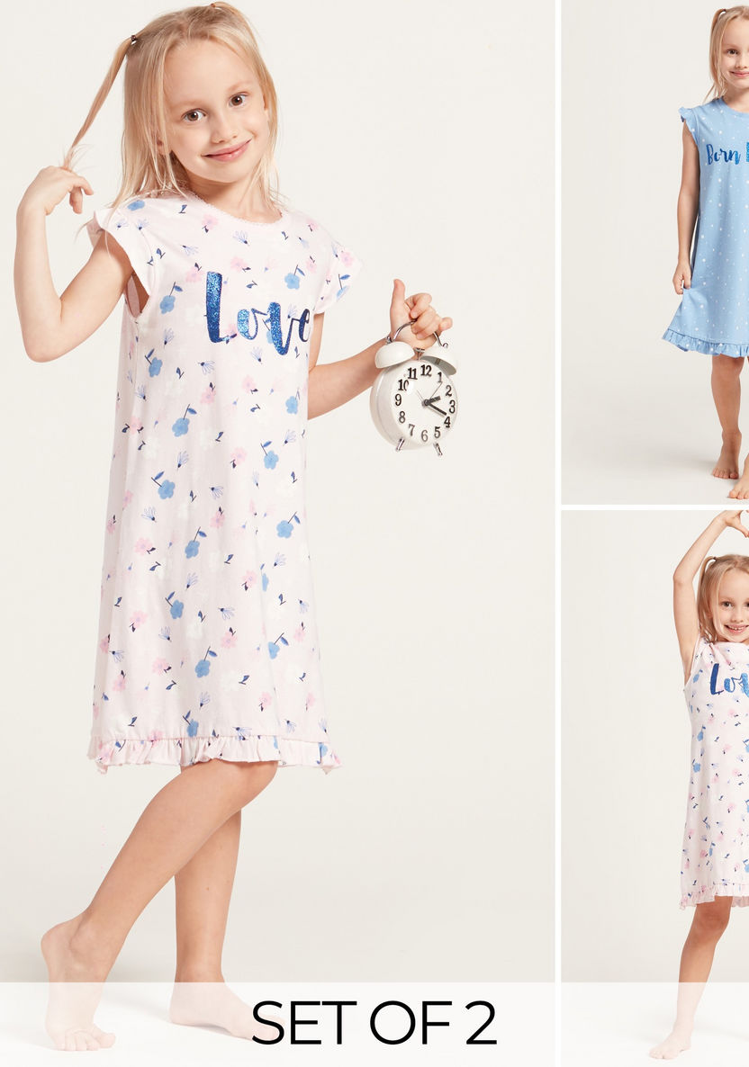 Juniors Graphic Print Sleep Dress with Cap Sleeves - Set of 2-Pyjama Sets-image-0