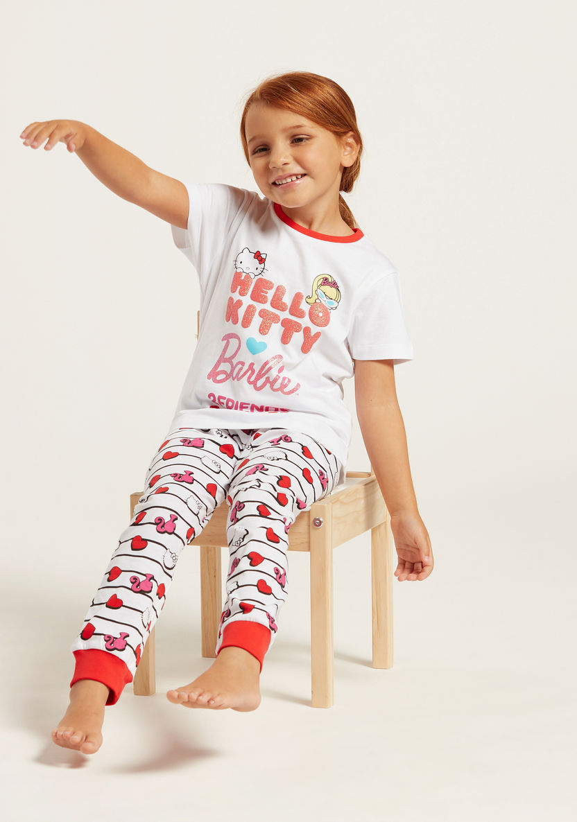 Sanrio Barbie Hello Kitty Typographic Print T-shirt and Joggers Set-Pyjama Sets-image-0