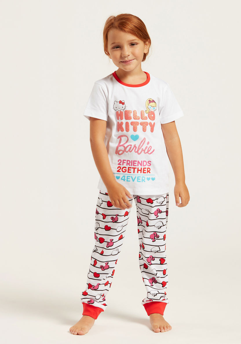 Sanrio Barbie Hello Kitty Typographic Print T-shirt and Joggers Set-Pyjama Sets-image-1