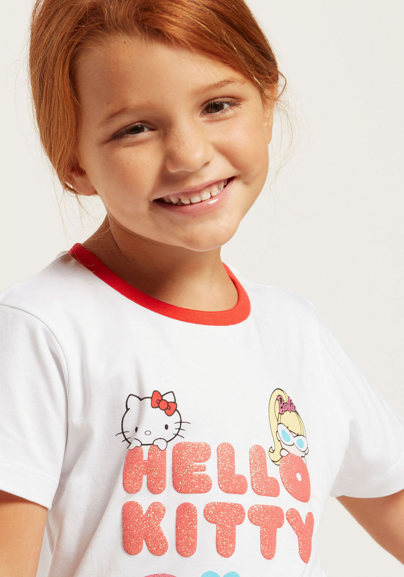 Sanrio Barbie Hello Kitty Typographic Print T-shirt and Joggers Set-Pyjama Sets-image-2