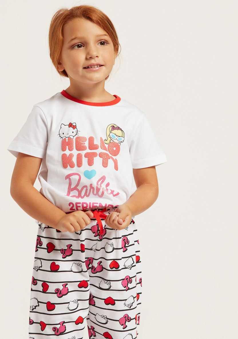 Sanrio Barbie Hello Kitty Typographic Print T-shirt and Joggers Set-Pyjama Sets-image-3