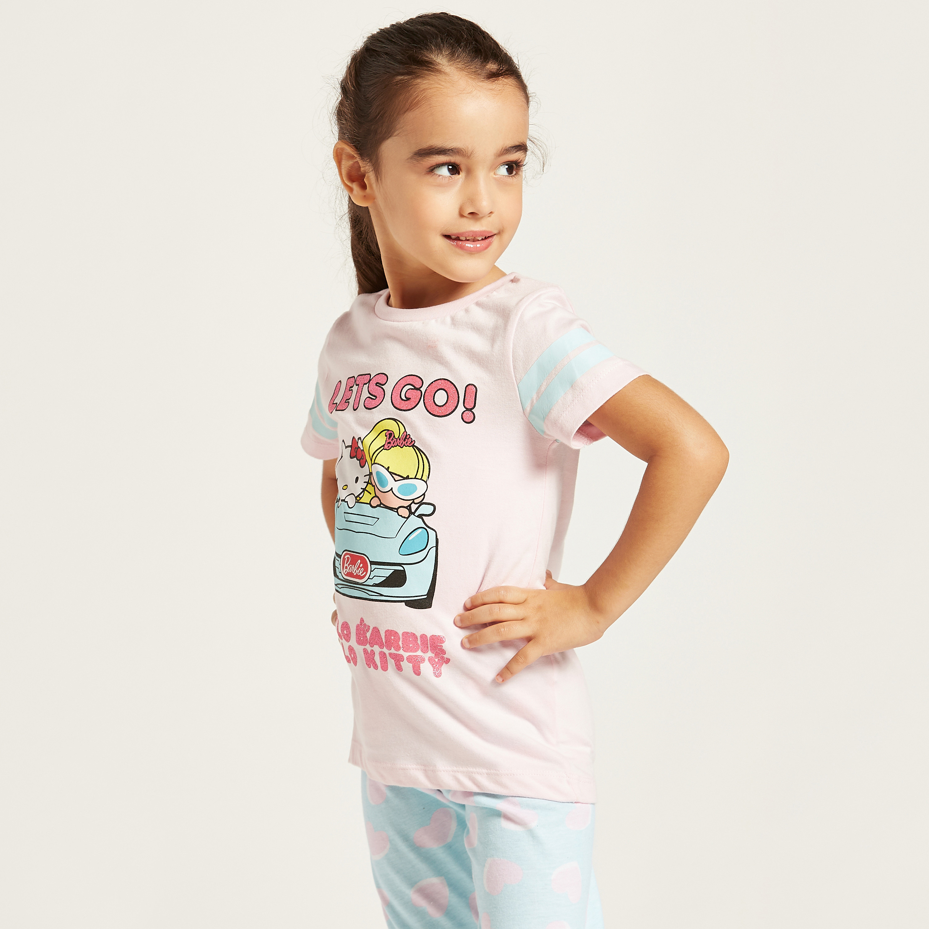 Hello Kitty Print Short Sleeves T-shirt and Pyjama Set-girls-clothing-nightwear-image-2