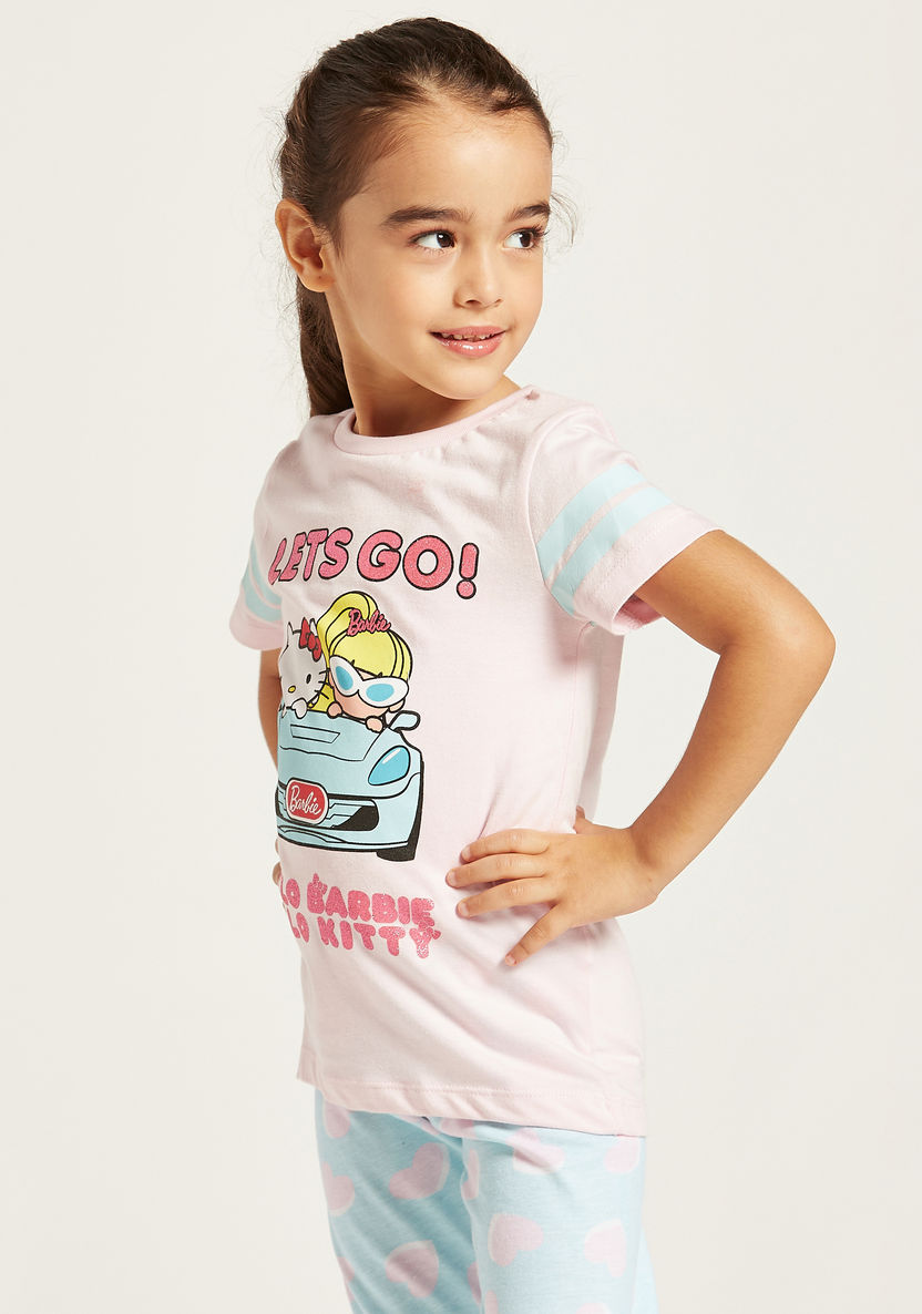 Hello Kitty Print Short Sleeves T-shirt and Pyjama Set-Pyjama Sets-image-1