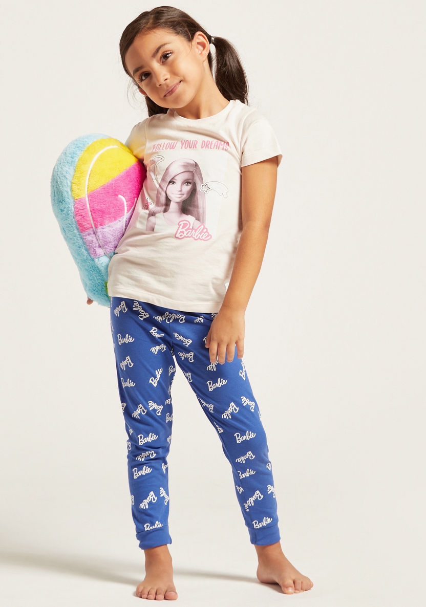 Barbie Print T-shirt and Contrast Full-Length Pyjama Set-Pyjama Sets-image-0