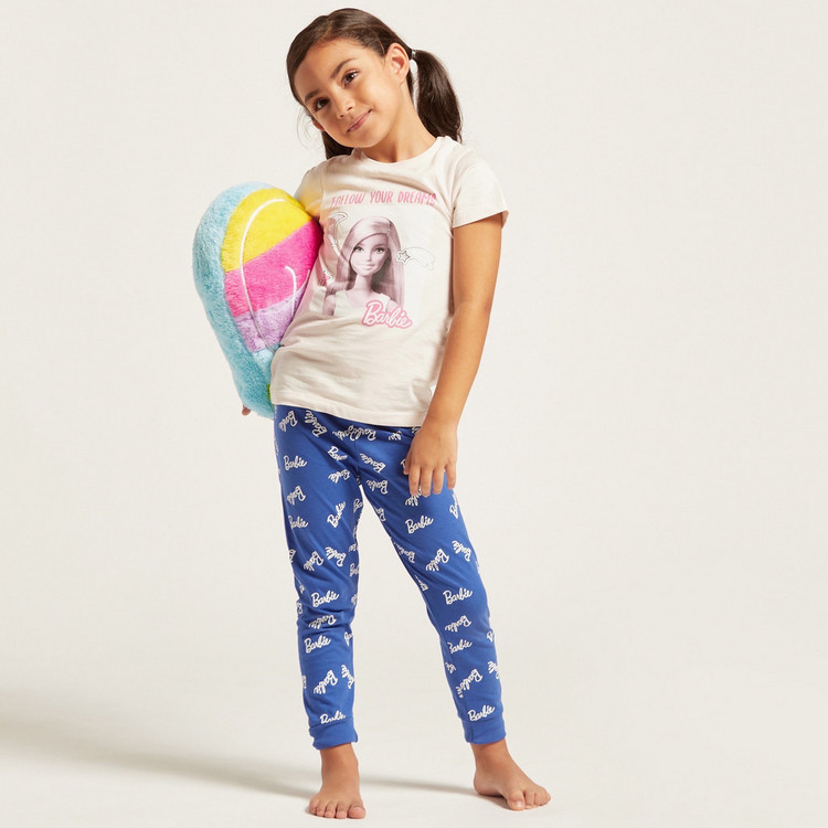 Barbie Print T-shirt and Contrast Full-Length Pyjama Set
