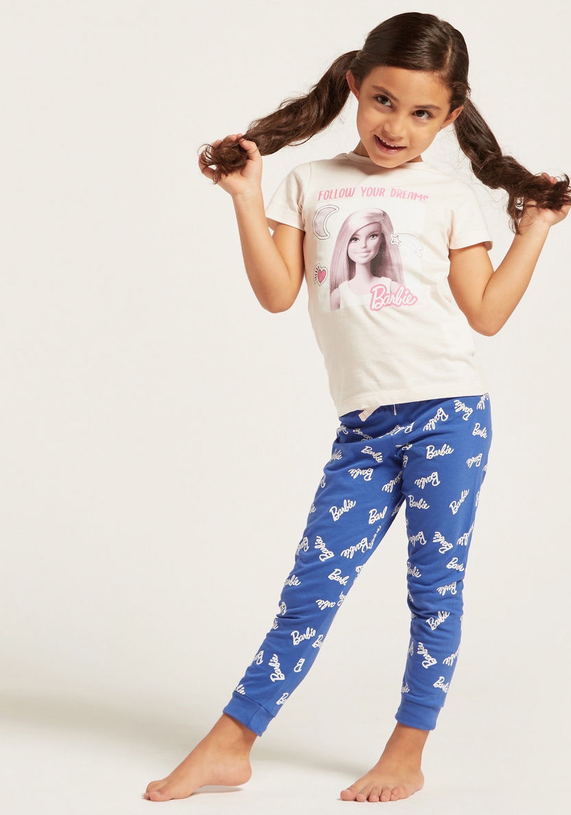 Barbie Print T-shirt and Contrast Full-Length Pyjama Set-Pyjama Sets-image-1