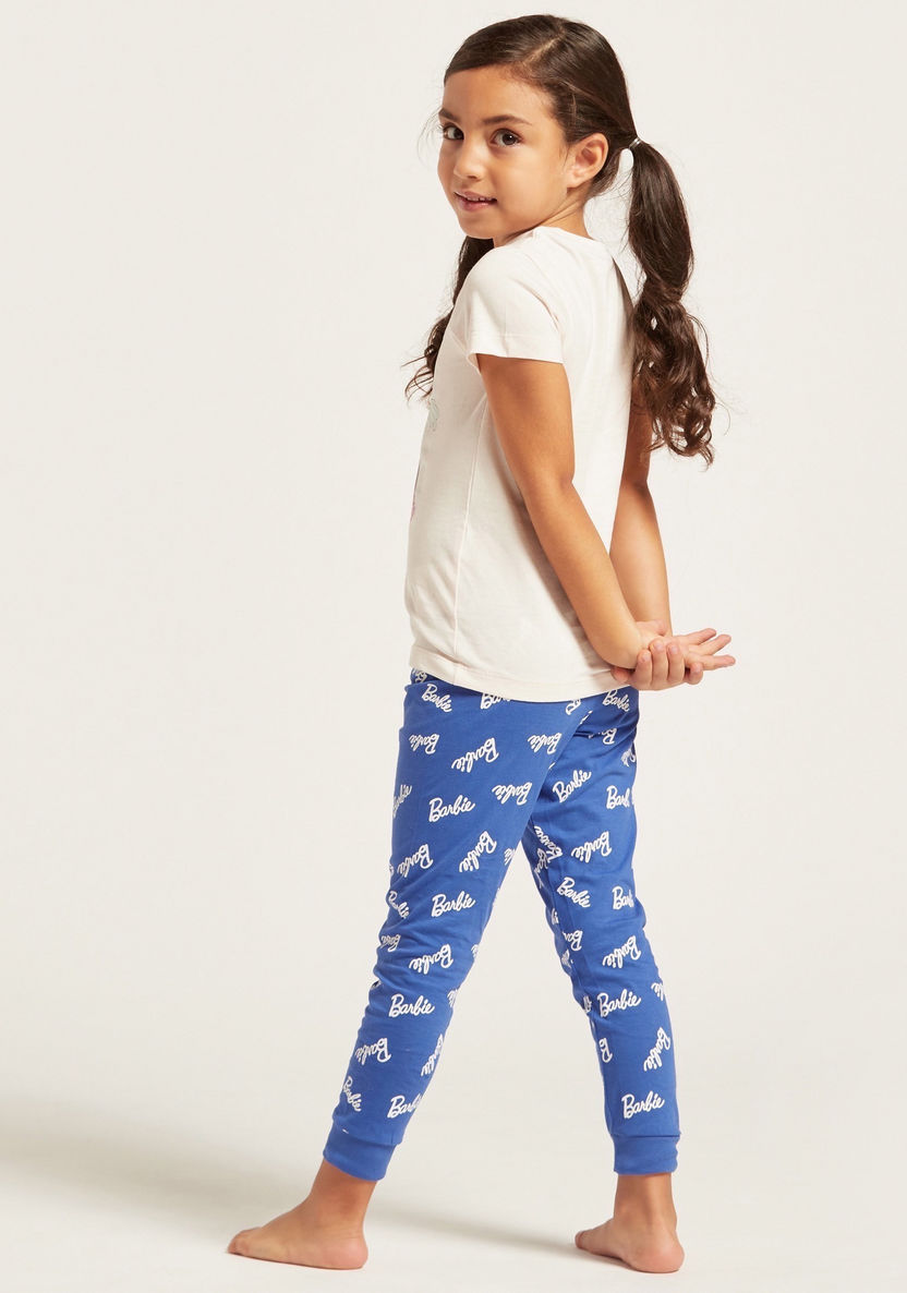 Barbie Print T-shirt and Contrast Full-Length Pyjama Set-Pyjama Sets-image-3