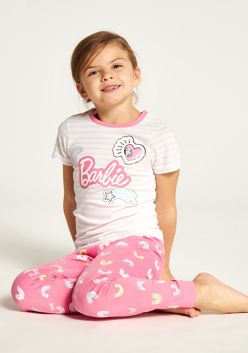 Barbie Print Round Neck T-shirt and Full Length Pyjama Set-Nightwear-image-0