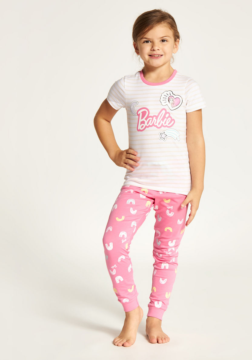 Barbie Print Round Neck T-shirt and Full Length Pyjama Set-Nightwear-image-1