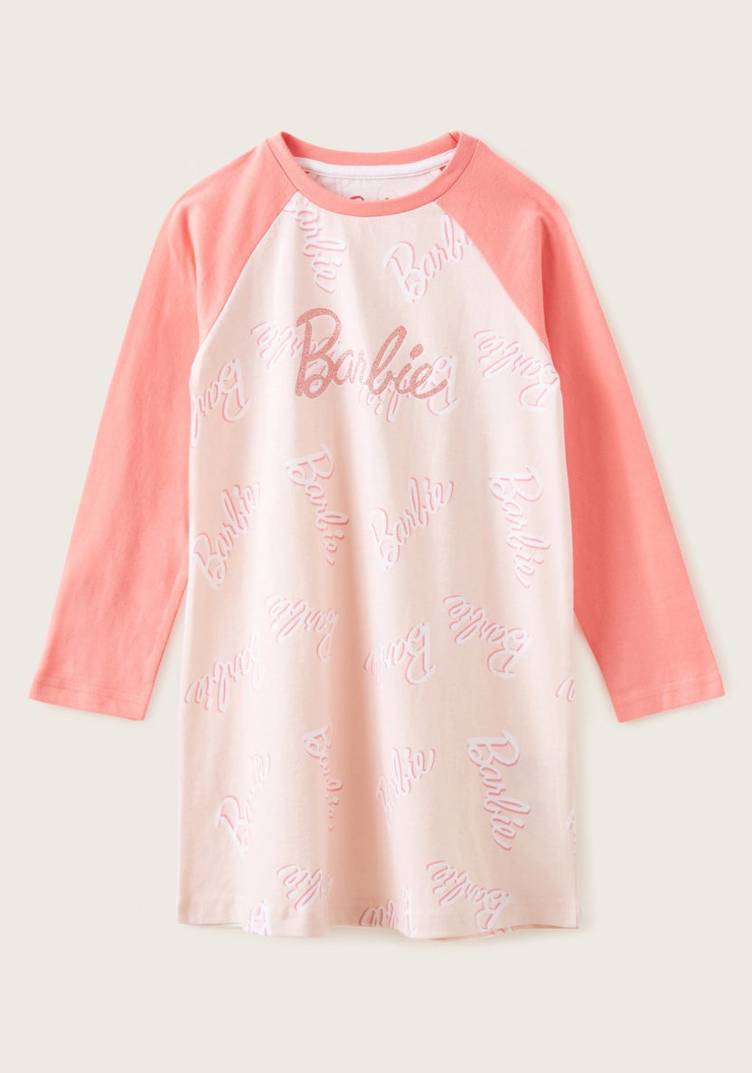 Barbie Print Nightdress with Round Neck and Long Sleeves-Nightwear-image-0