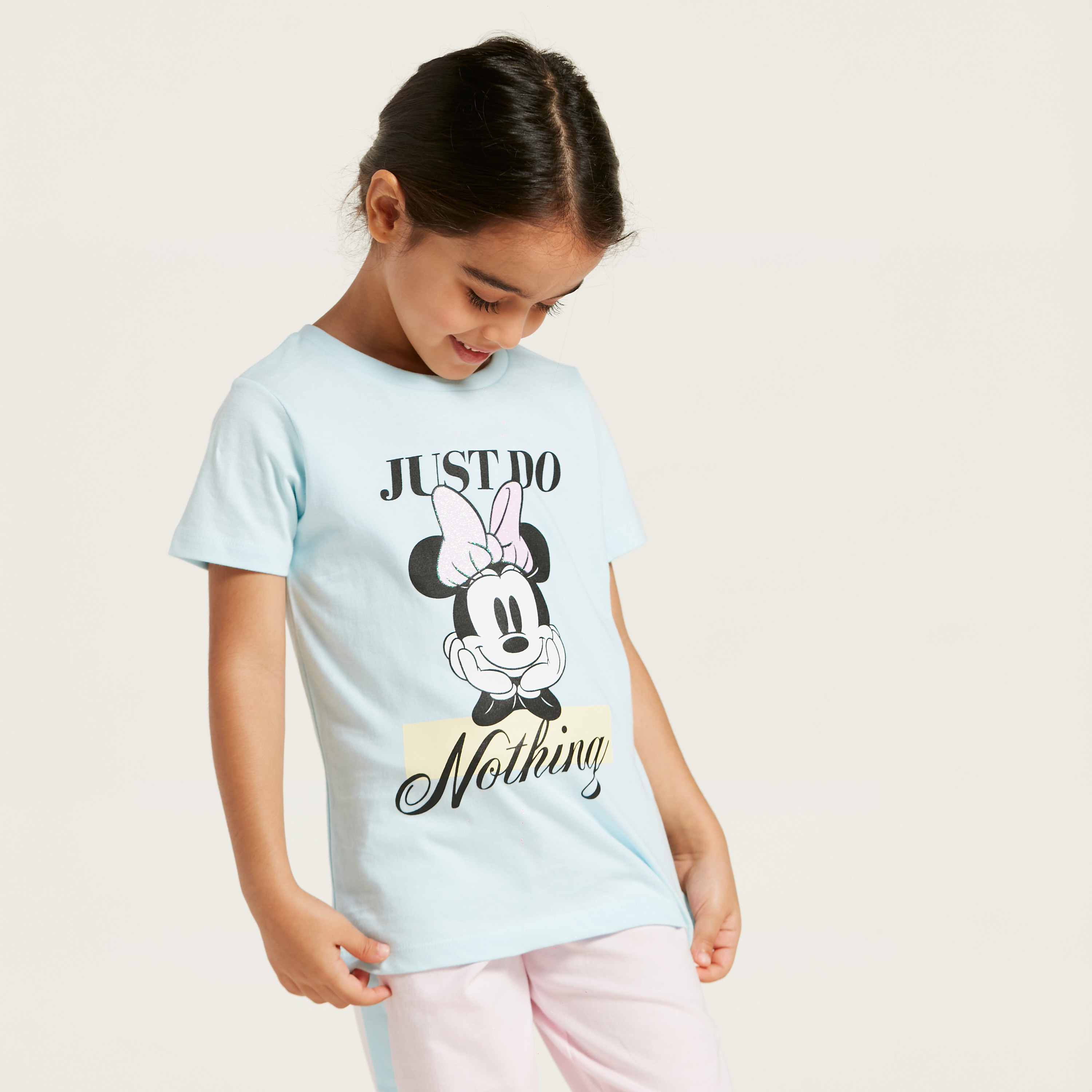 Disney Minnie Mouse Print Round Neck T-shirt and Joggers Set-baby-girls-clothing-nightwear-pyjamasets-image-2