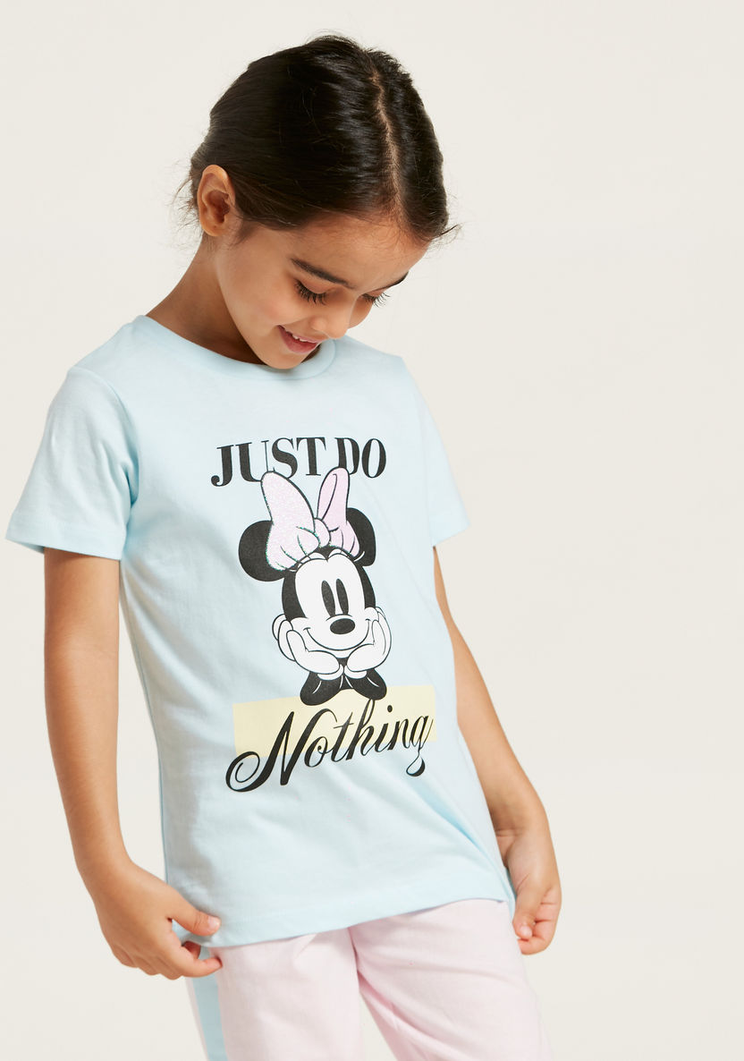 Disney Minnie Mouse Print Round Neck T-shirt and Joggers Set-Pyjama Sets-image-1