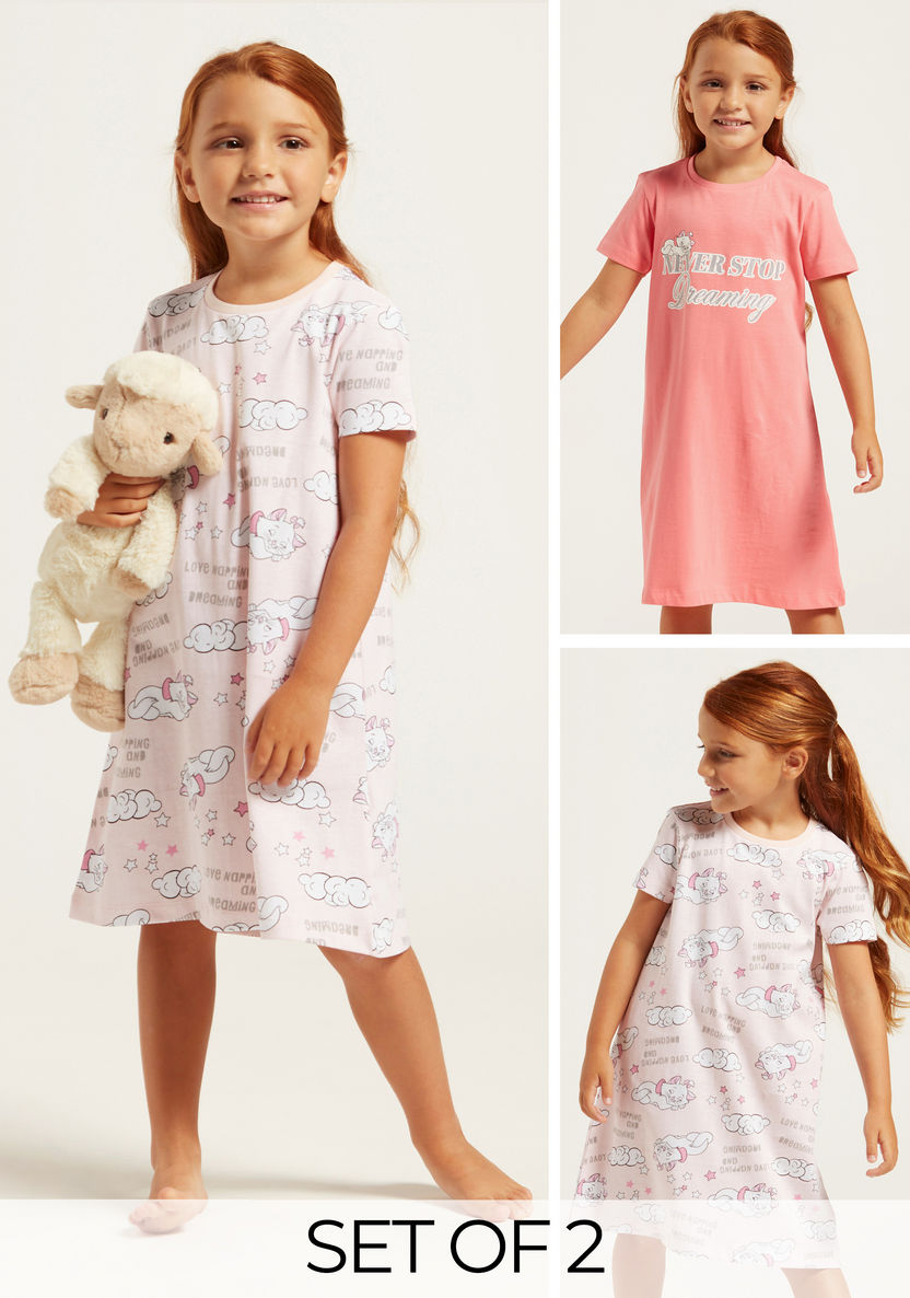 Marie Print Round Neck Night Dress - Set of 2-Pyjama Sets-image-0