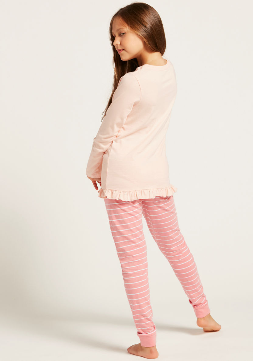 Juniors Graphic Print Long Sleeves T-shirt and Striped Pyjama Set-Nightwear-image-3