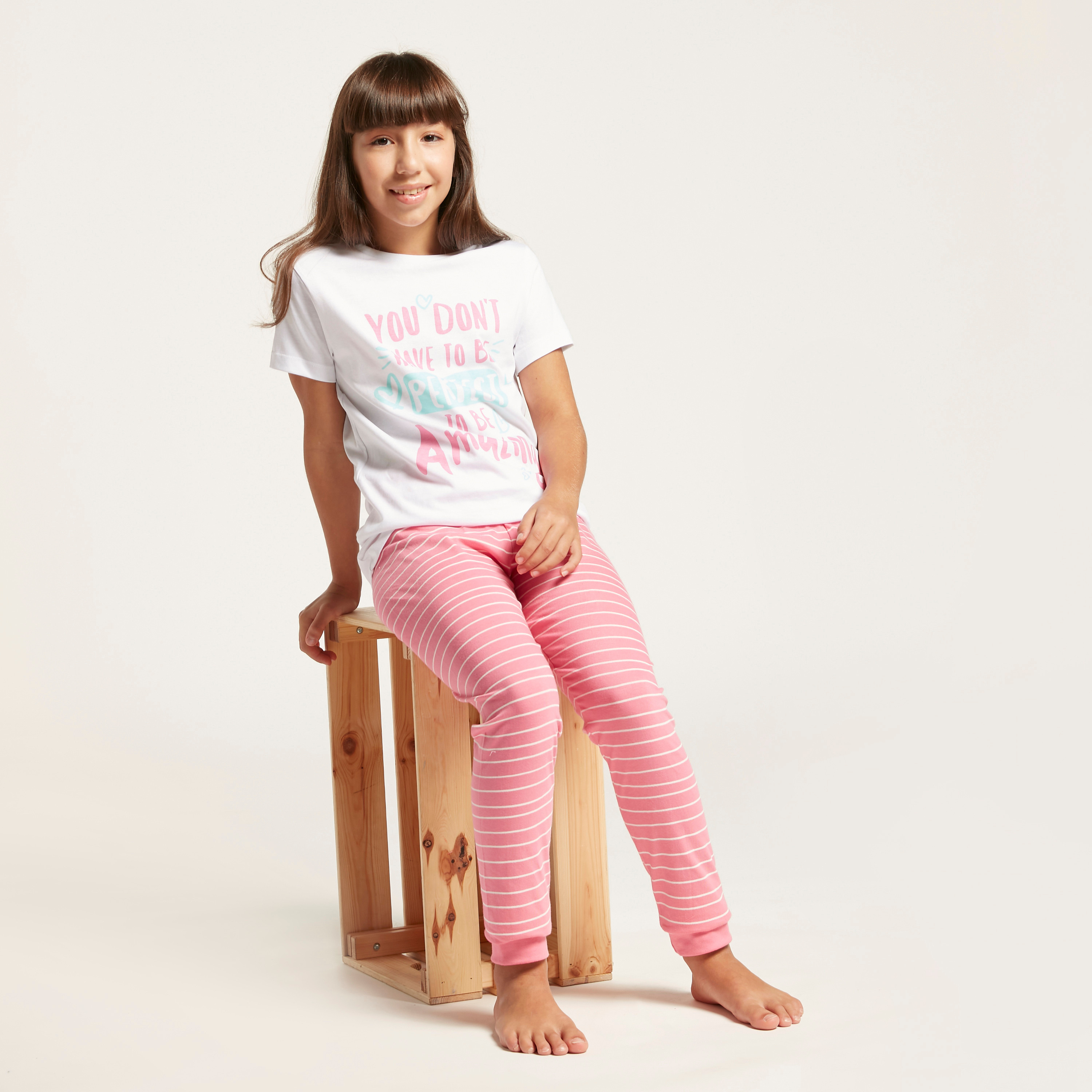 Buy Juniors Graphic Print T-shirt and Striped Pyjama Set Online