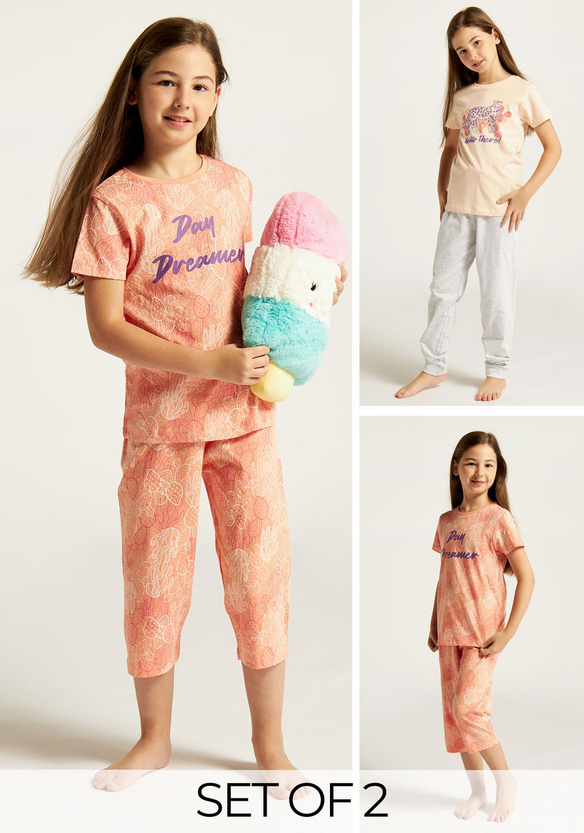 Juniors Printed Short Sleeve T-shirt and Pyjama Set - Set of 2-Nightwear-image-0