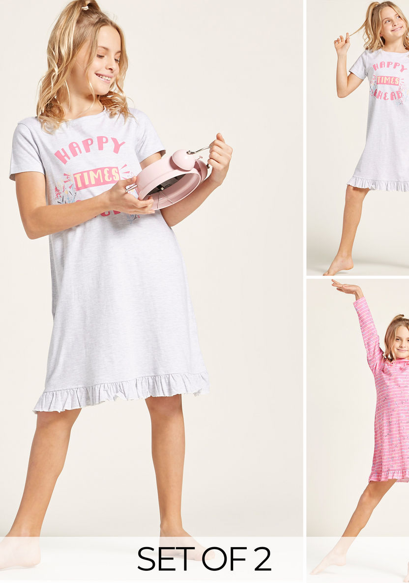 Juniors Graphic Print Sleep Dress with Ruffle Detail - Set of 2-Nightwear-image-0