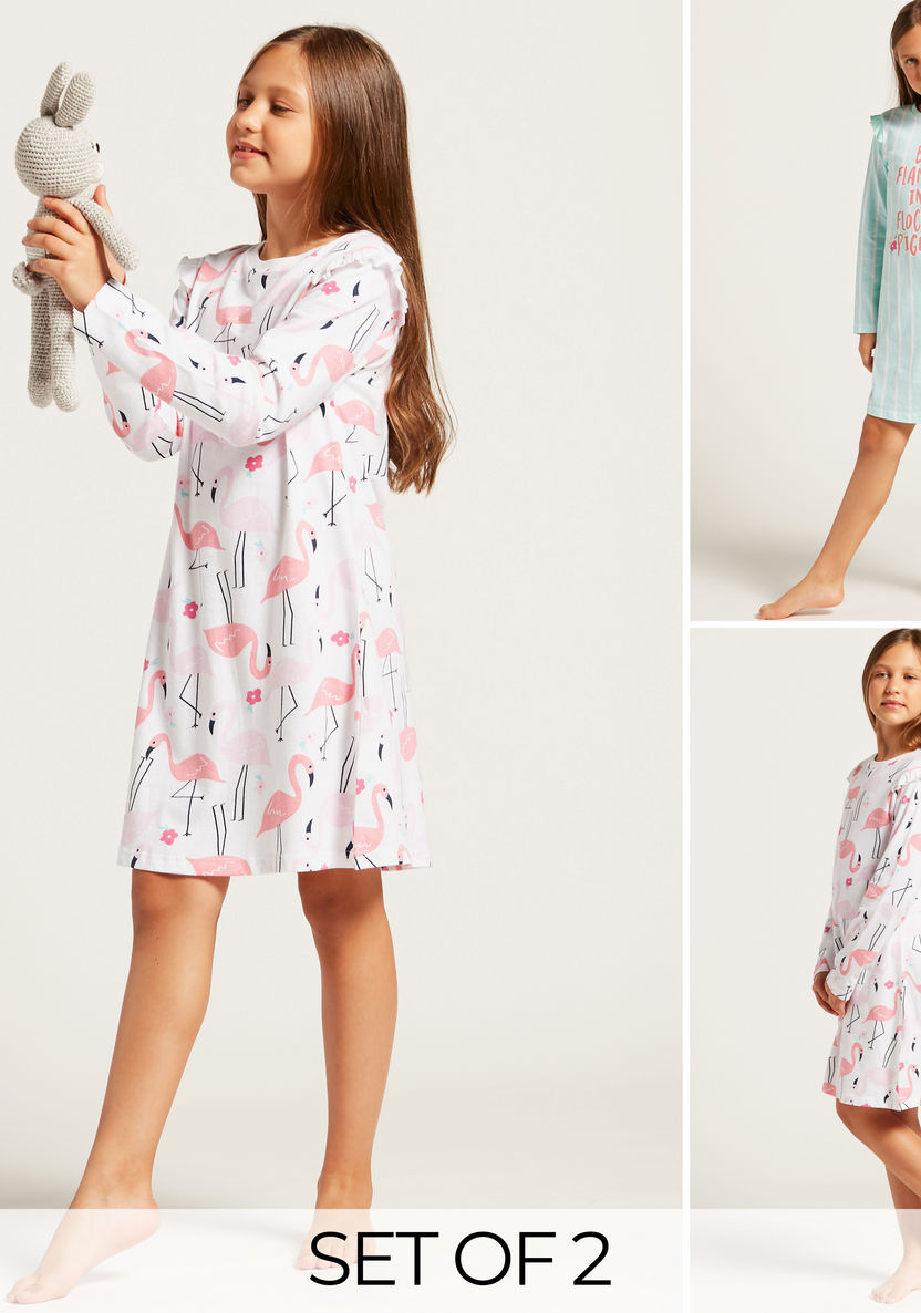 Juniors Graphic Print Sleep Dress with Long Sleeves - Set of 2-Nightwear-image-0