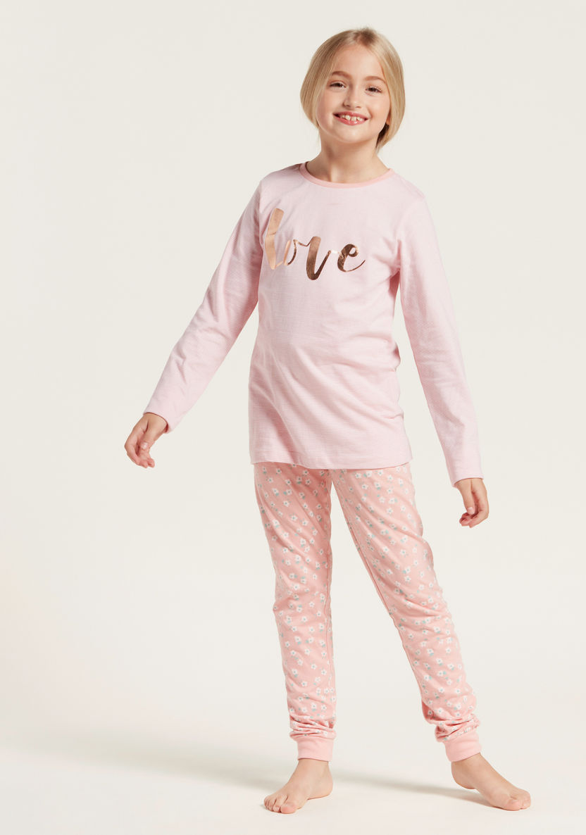 Juniors Printed Long Sleeves T-shirt and Pyjama Set-Nightwear-image-2