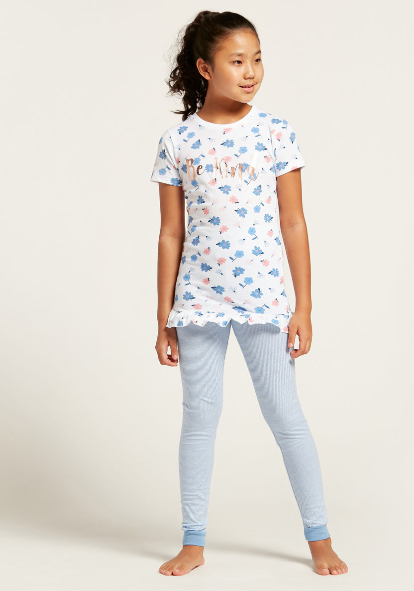 Juniors Floral Print T-shirt and Full Length Pyjama Set-Nightwear-image-0