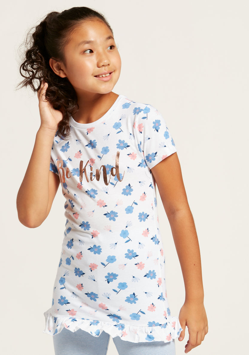 Juniors Floral Print T-shirt and Full Length Pyjama Set-Nightwear-image-1
