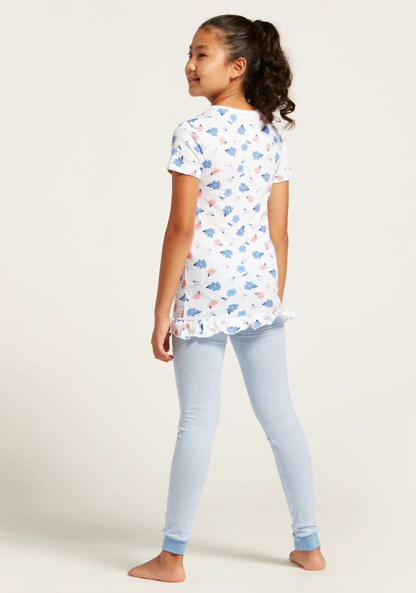 Juniors Floral Print T-shirt and Full Length Pyjama Set-Nightwear-image-3