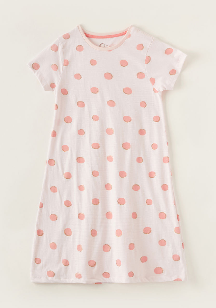 Juniors Polka Dot Print Round Neck Night Dress with Short Sleeves-Nightwear-image-0