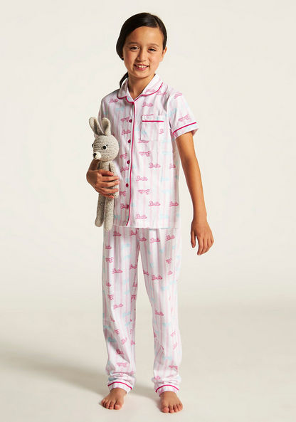 Barbie Print Notched Collar Shirt and Pyjama Set-Nightwear-image-0
