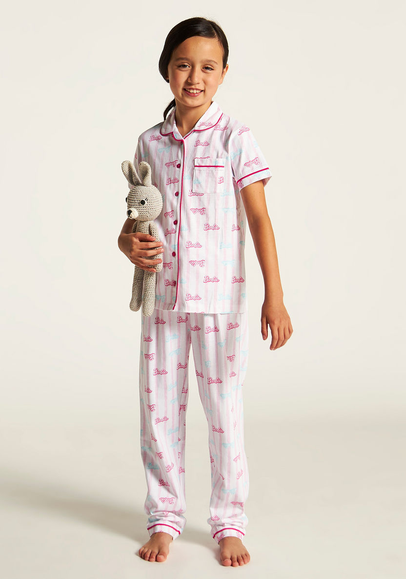Barbie Print Notched Collar Shirt and Pyjama Set-Nightwear-image-0