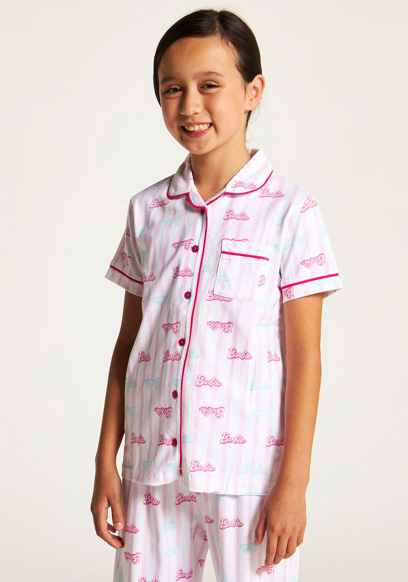 Barbie Print Notched Collar Shirt and Pyjama Set-Nightwear-image-2