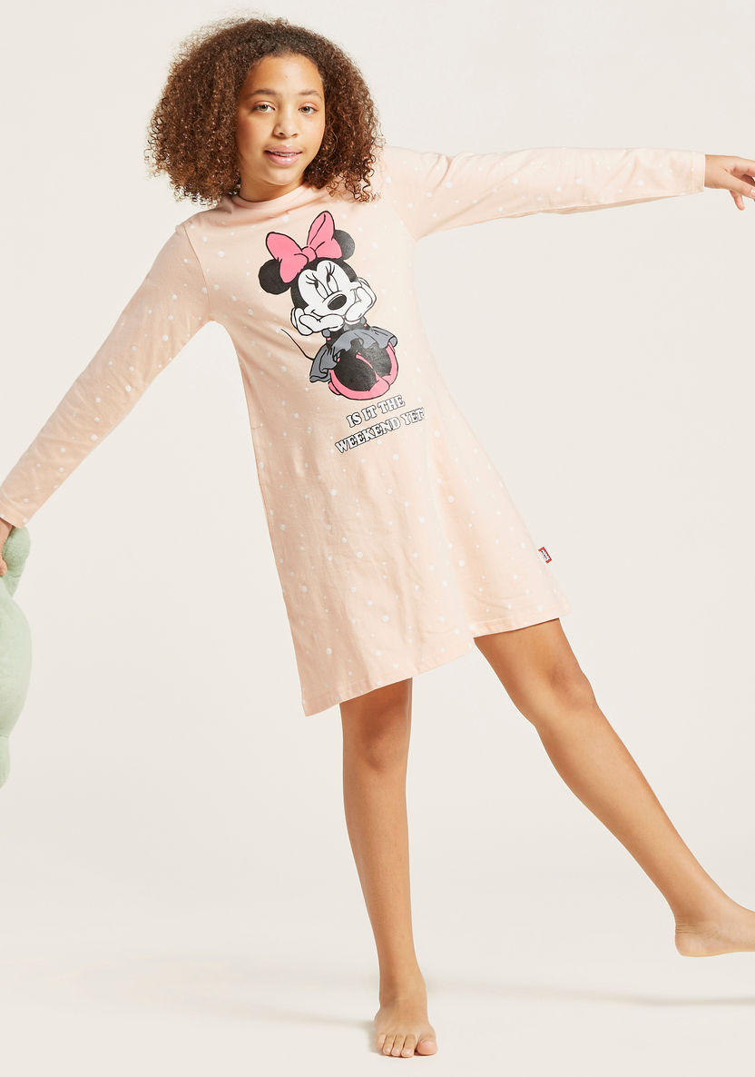 Disney Minnie Mouse Print Round Neck Night Dress with Long Sleeves-Nightwear-image-0