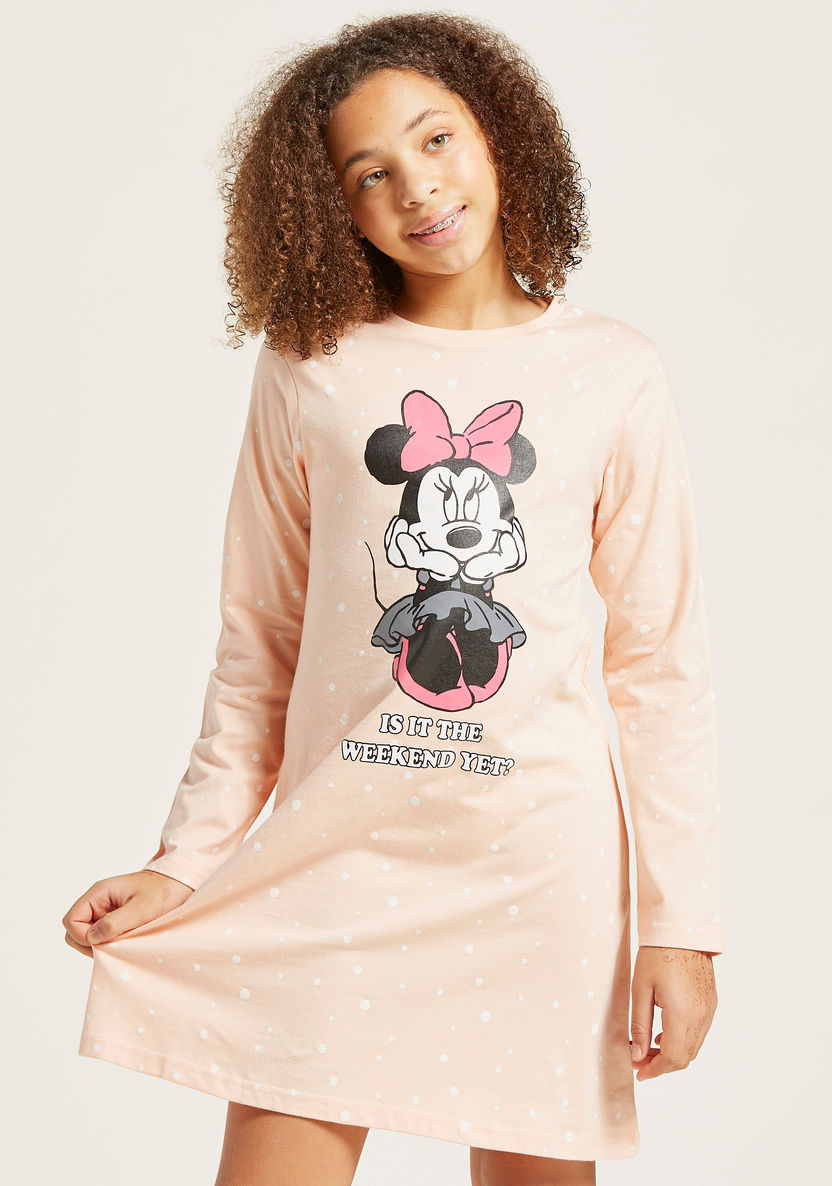 Disney Minnie Mouse Print Round Neck Night Dress with Long Sleeves-Nightwear-image-1