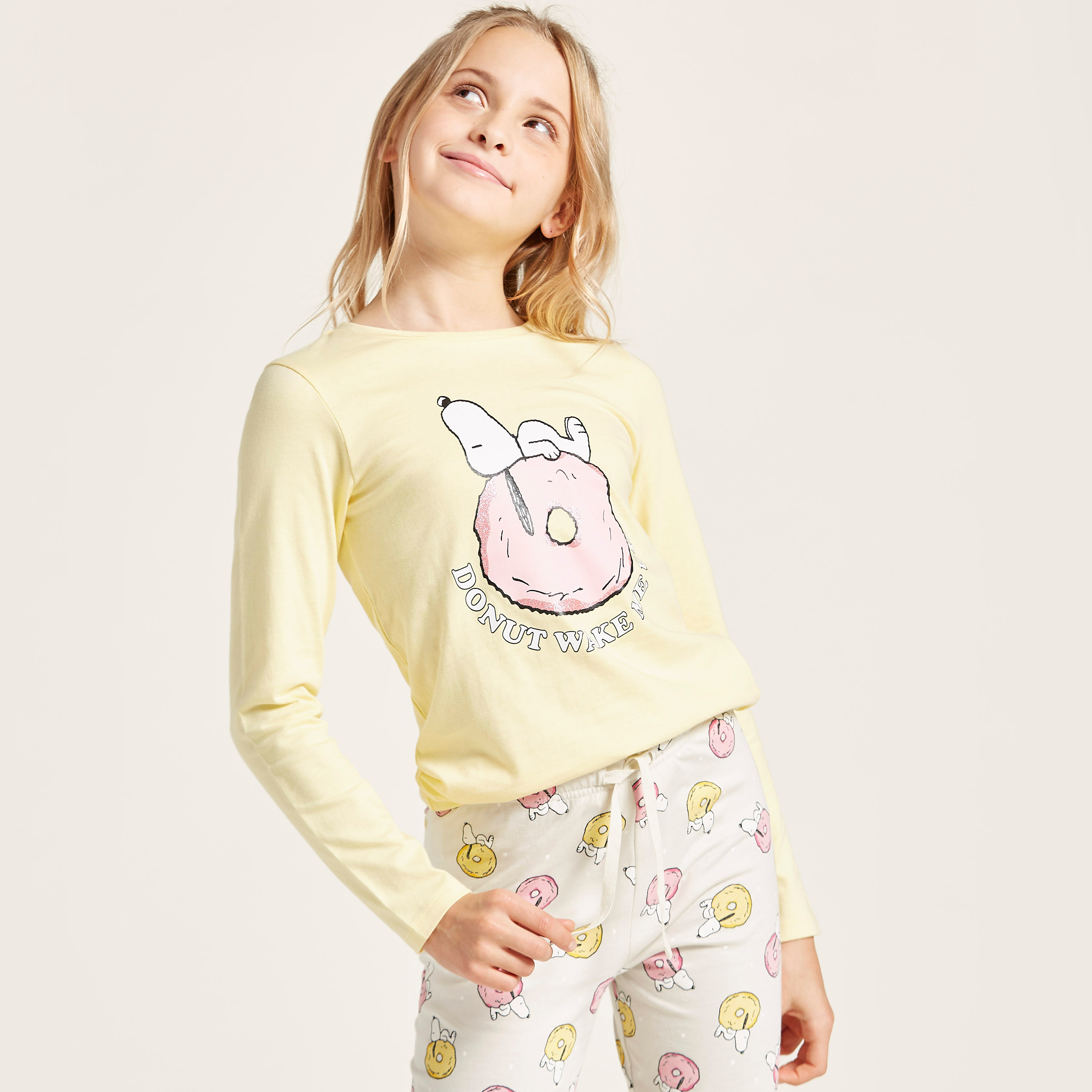 Snoopy Graphic Print T-shirt and Pyjama Set-girls-clothing-nightwear-image-3