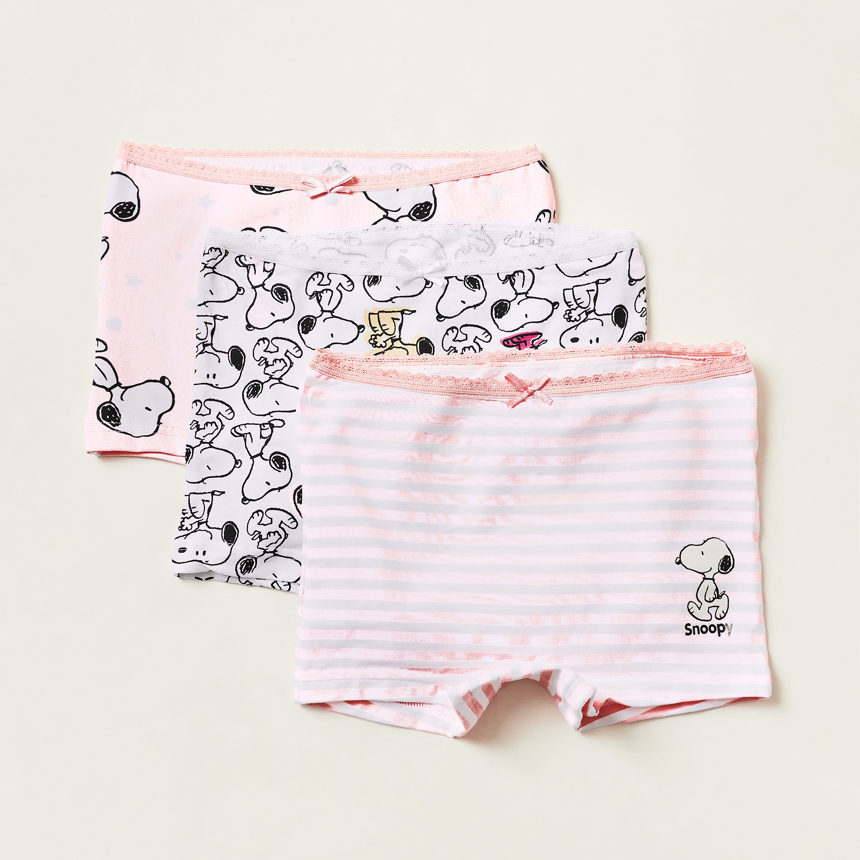 Snoopy Print Boxer Briefs with Bow Applique Set of 3