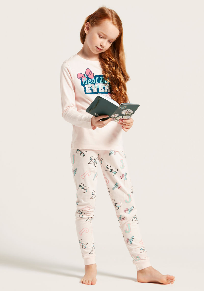 Graphic Print Round Neck T-shirt and Full-Length Pyjama Set-Nightwear-image-0