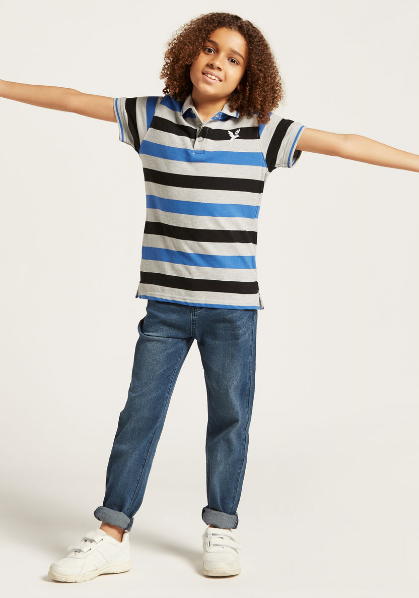 Juniors Striped Polo T-shirt with Short Sleeves and Button Closure-T Shirts-image-0