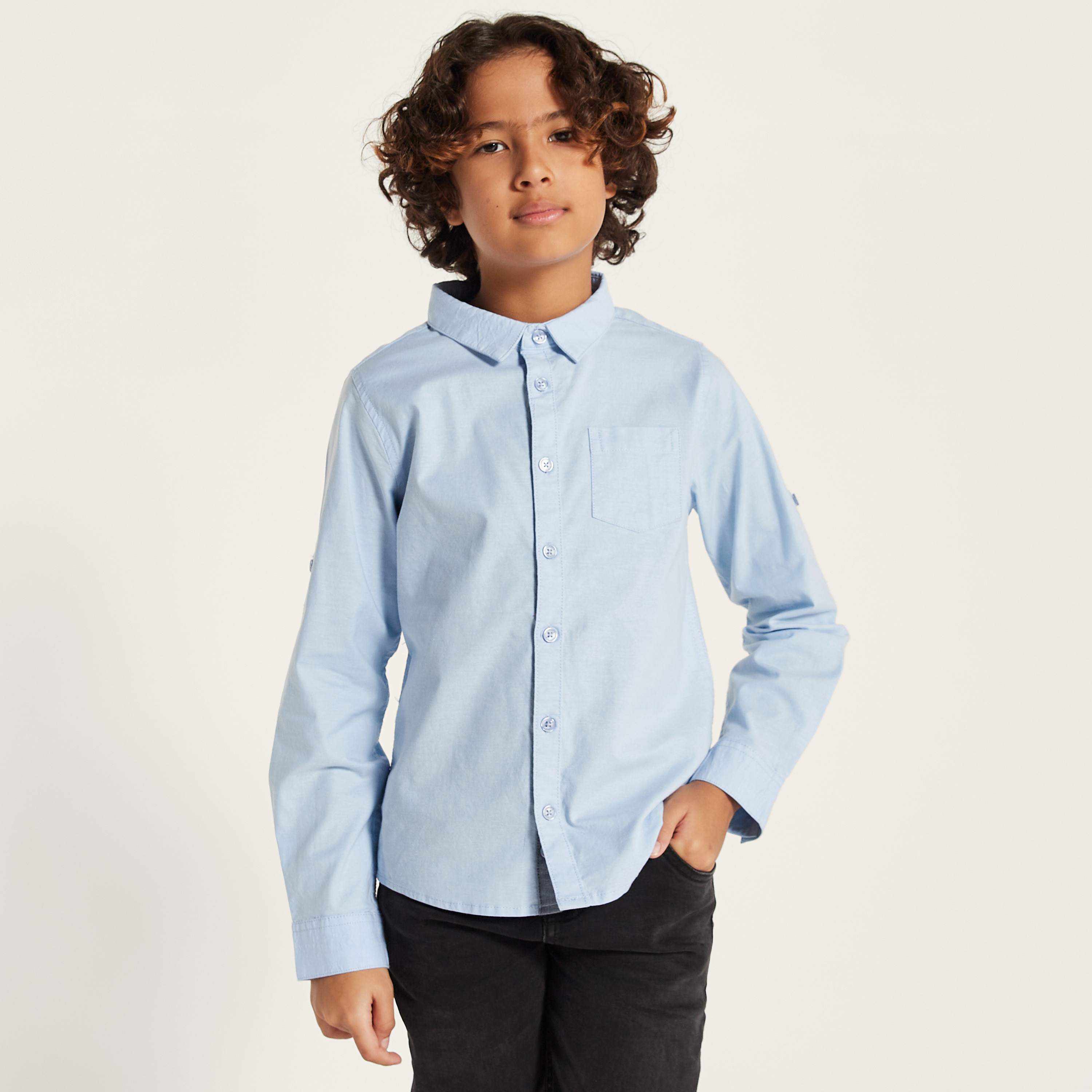 Juniors Solid Shirt with Long Sleeves and Pocket-boys-clothing-shirts-image-2