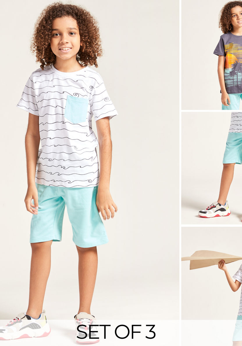 Juniors 3-Piece Printed Round Neck T-shirt and Shorts Set-Clothes Sets-image-0