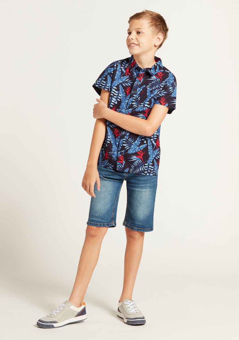 Juniors All-Over Print Shirt with Spread Collar and Short Sleeves-Shirts-image-0