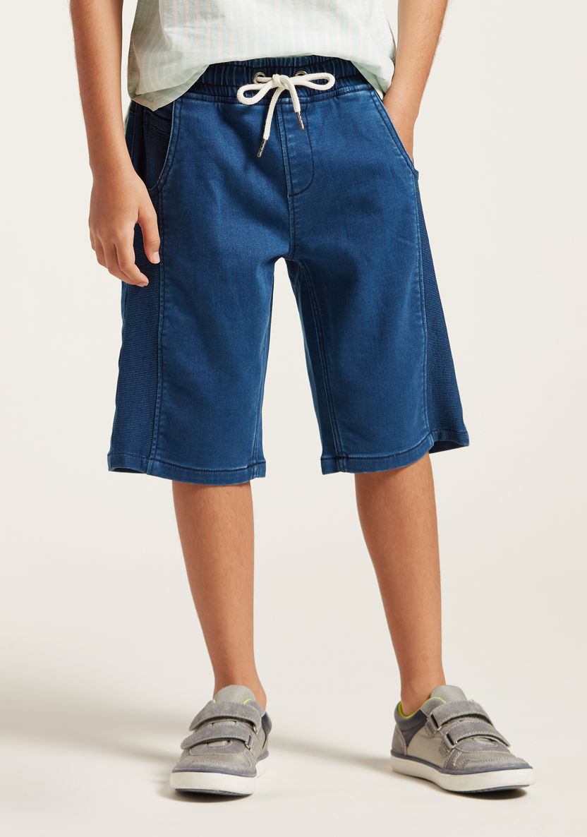 Juniors Solid Denim Shorts with Pockets and Drawstring Closure-Shorts-image-1