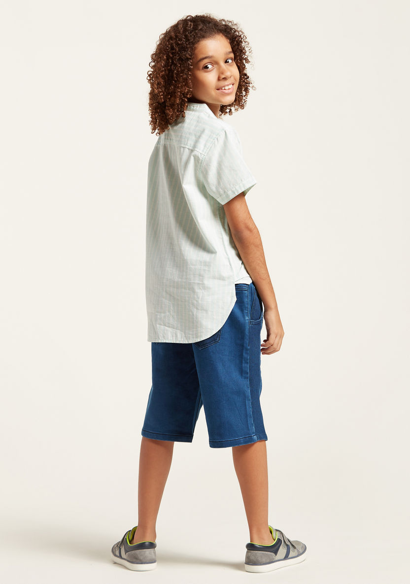 Juniors Solid Denim Shorts with Pockets and Drawstring Closure-Shorts-image-3