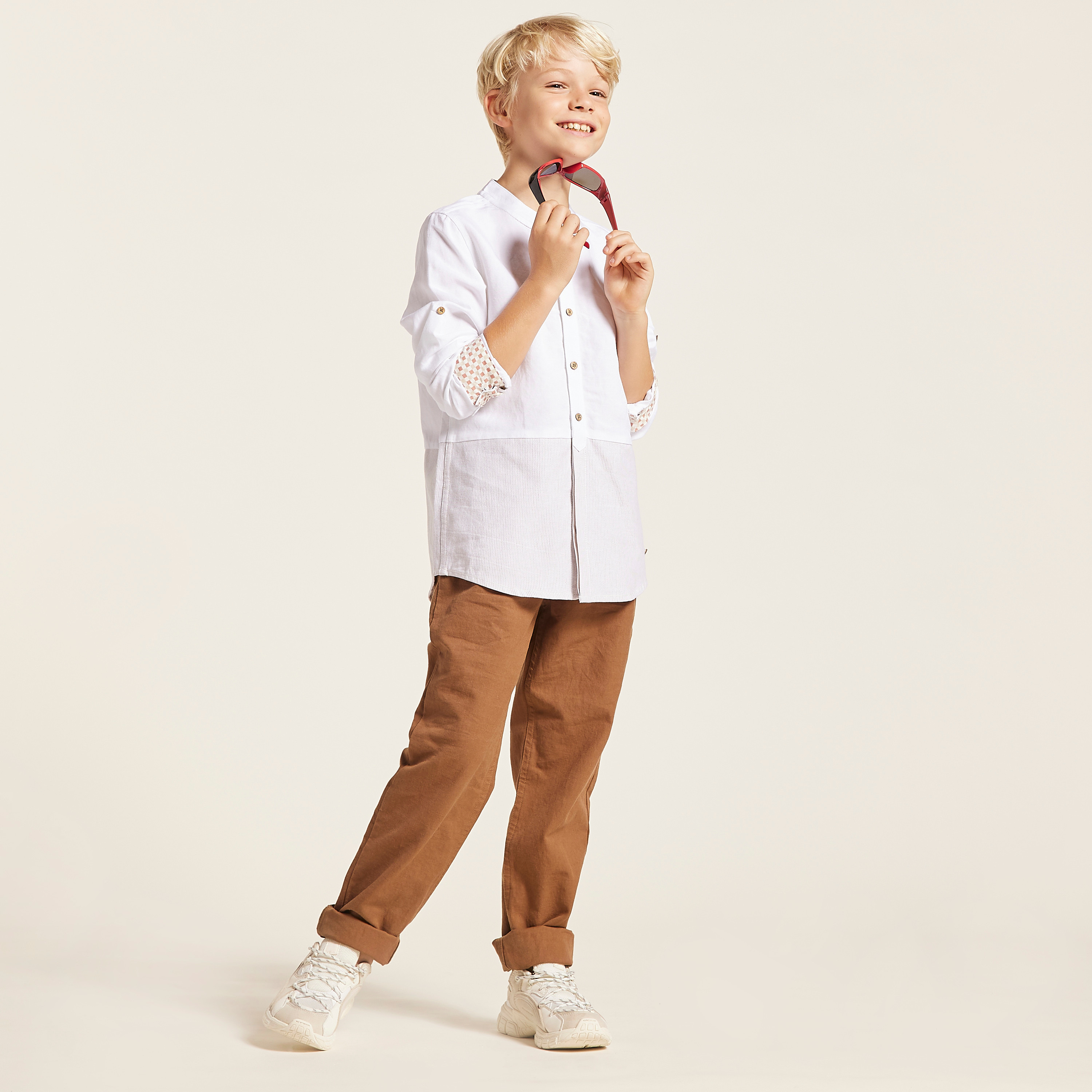Eligo Solid Shirt with Mandarin Collar and Long Sleeves-boys-clothing-shirts-image-1