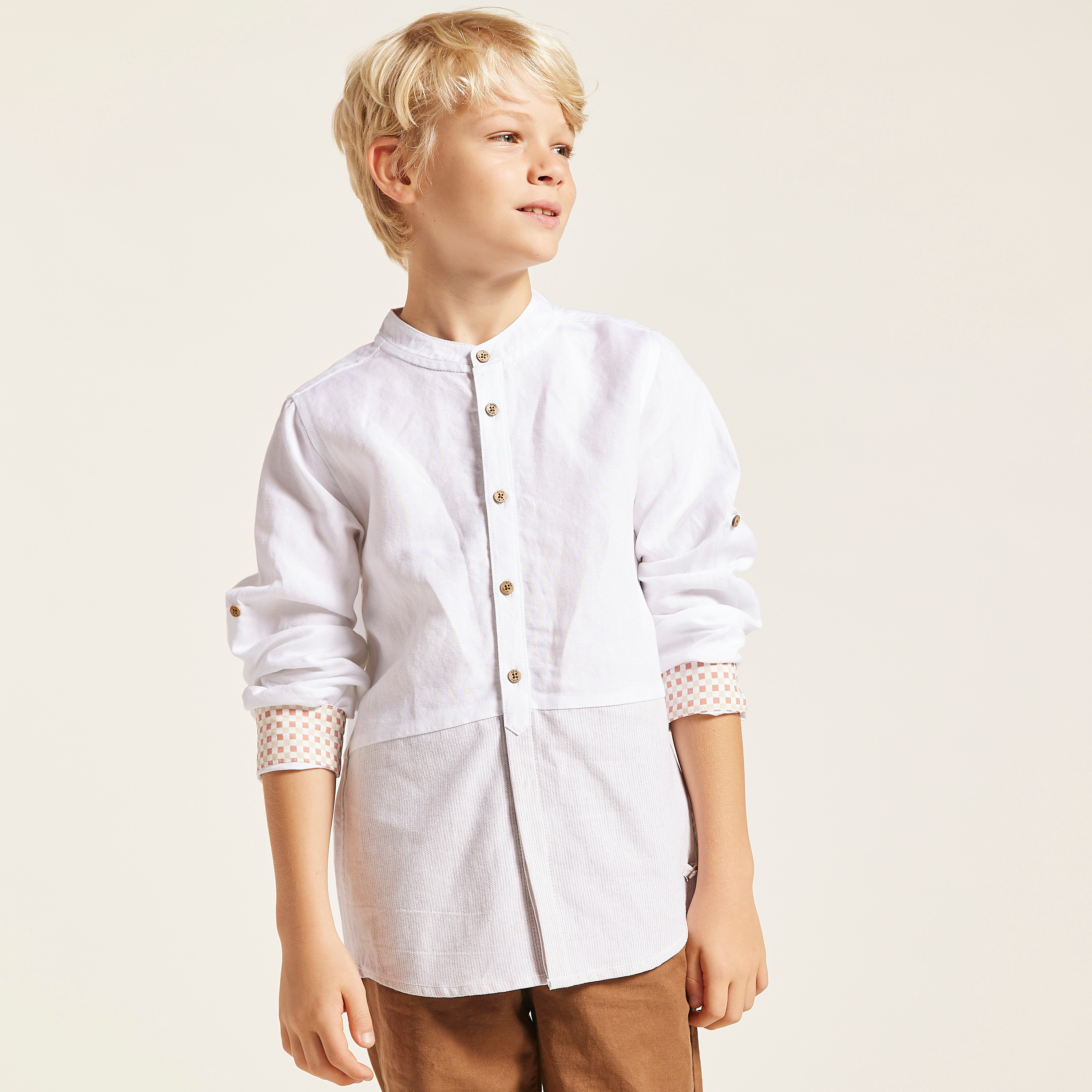 Eligo Solid Shirt with Mandarin Collar and Long Sleeves-boys-clothing-shirts-image-2