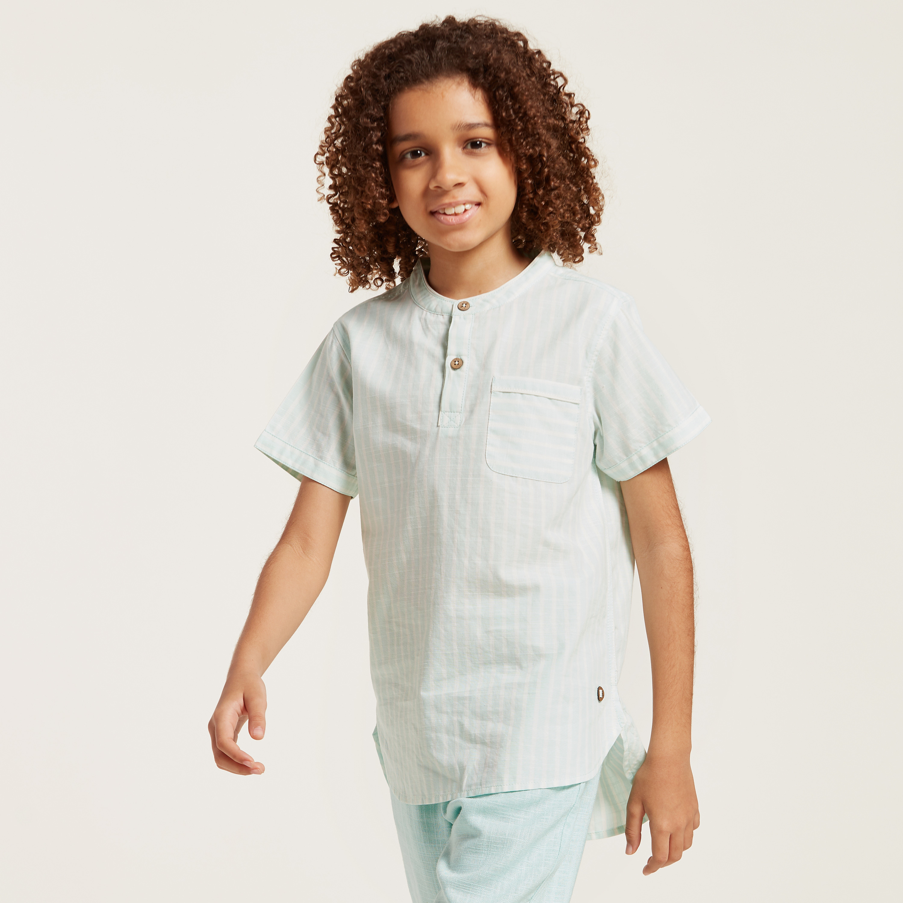 Eligo Striped Shirt with Mandarin Collar and Short Sleeves-boys-clothing-shirts-image-1