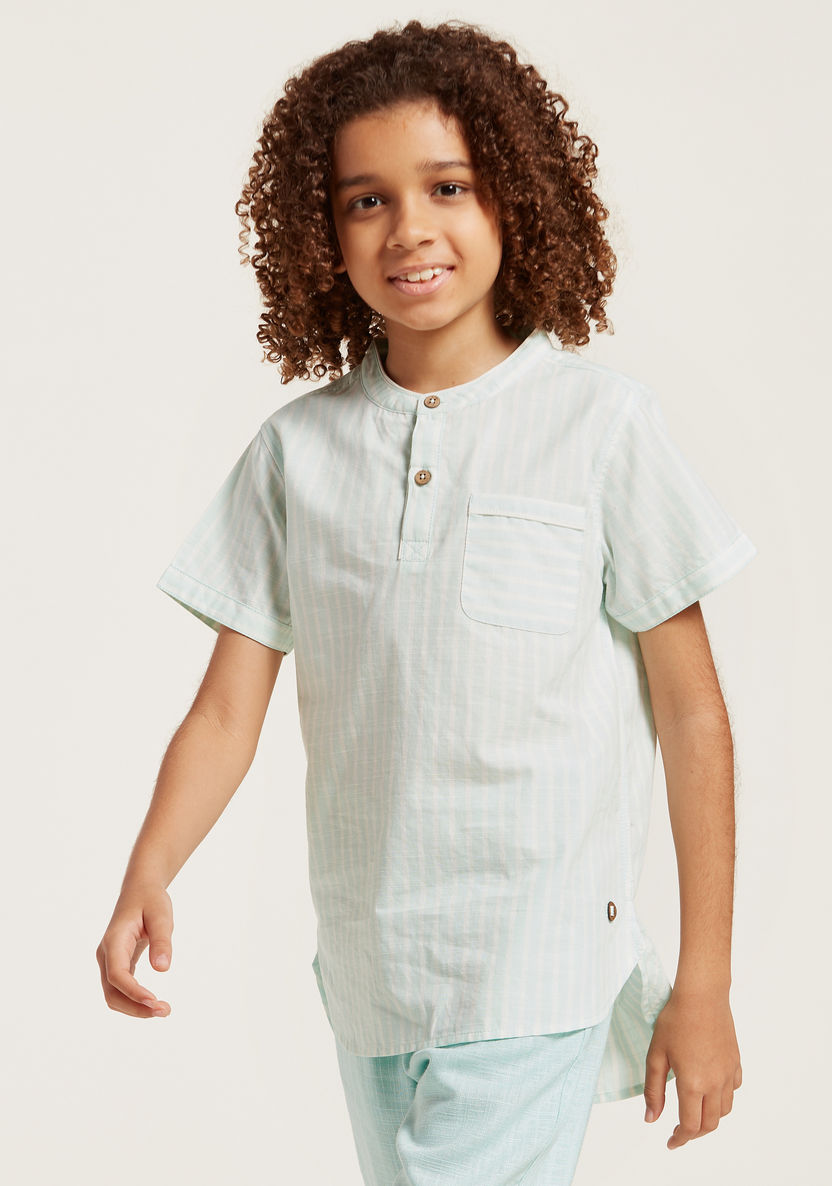 Striped Shirt with Mandarin Collar and Short Sleeves-Shirts-image-0
