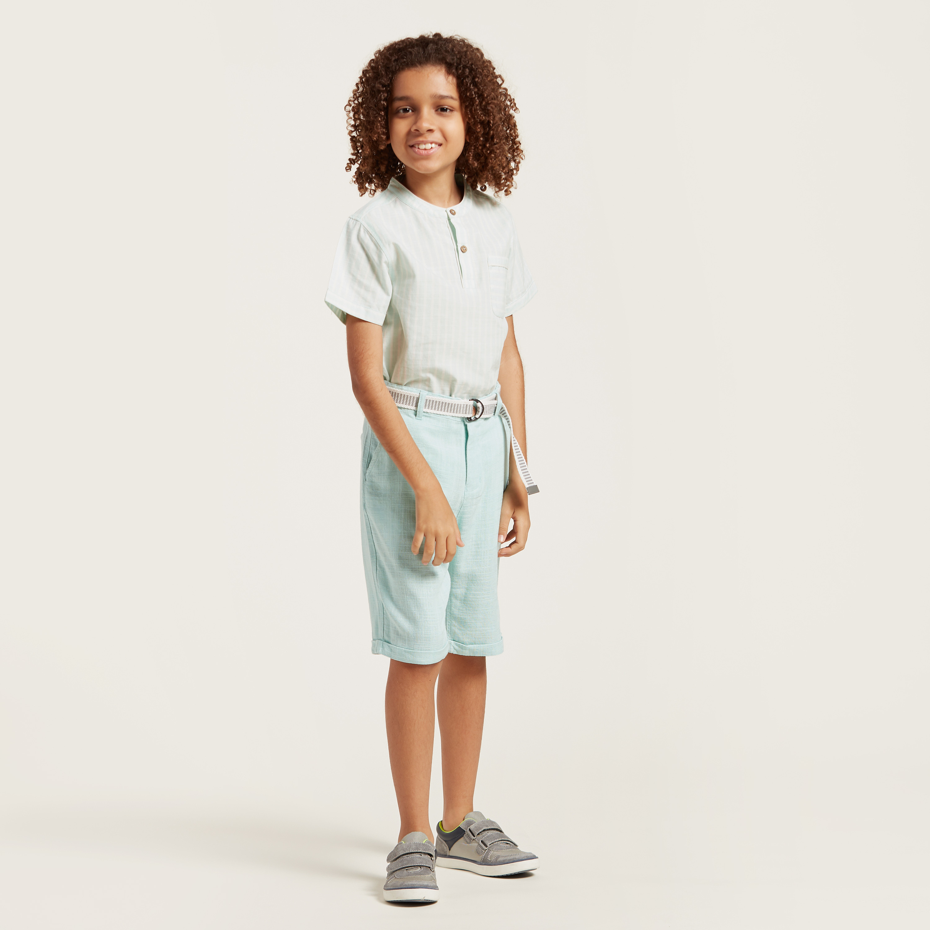 Eligo Striped Shirt with Mandarin Collar and Short Sleeves-boys-clothing-shirts-image-2