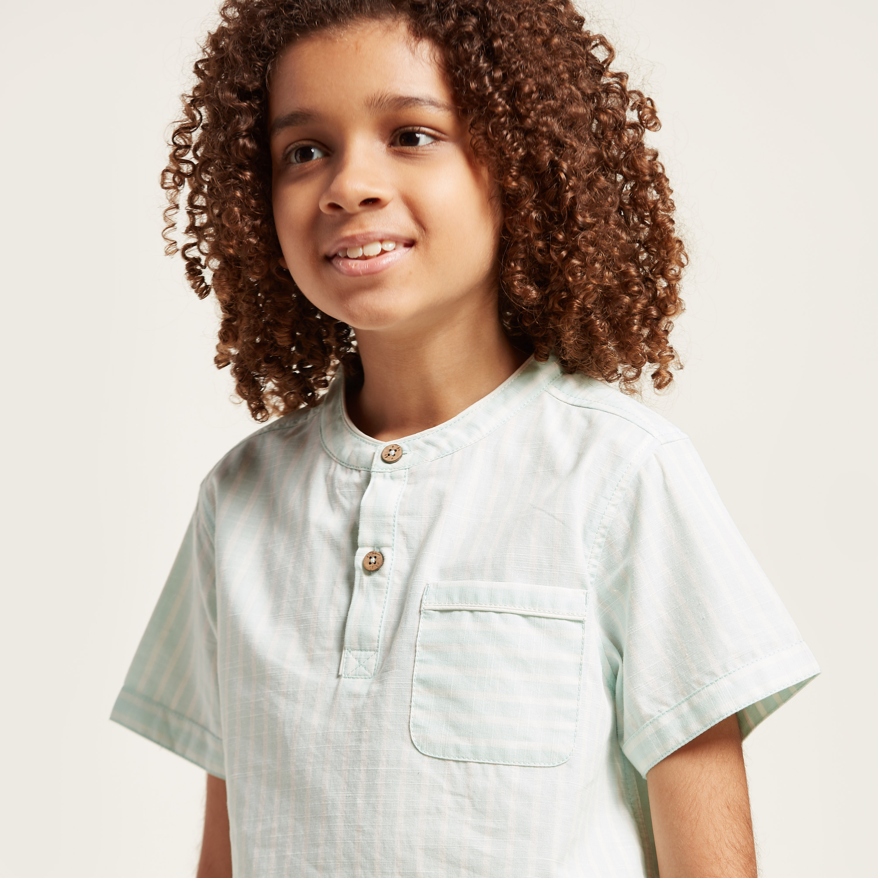 Eligo Striped Shirt with Mandarin Collar and Short Sleeves-boys-clothing-shirts-image-3
