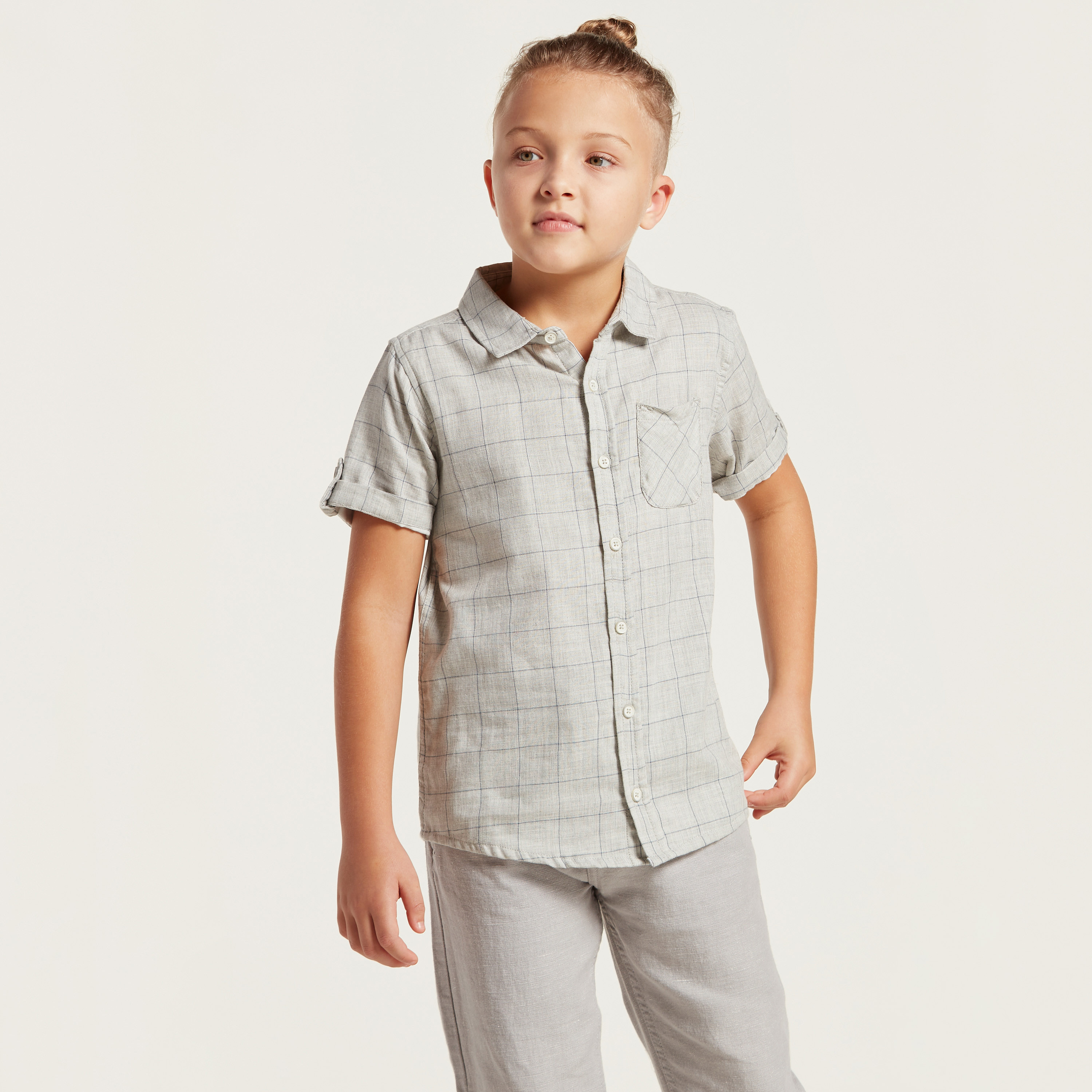 قميص كاروهات بأكمام قصيرة وتفاصيل جيب-boys-clothing-shirts-image-1