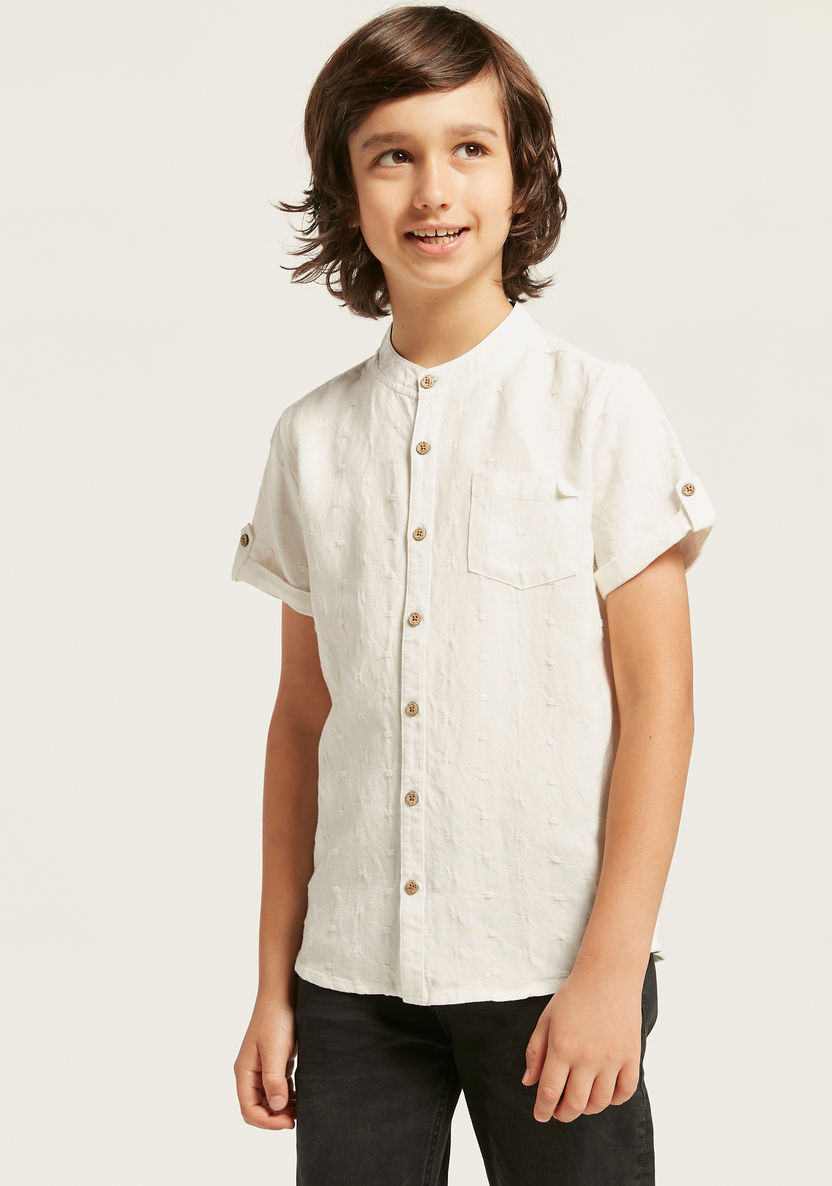 Textured Shirt with Mandarin Neck and Short Sleeves-Shirts-image-2