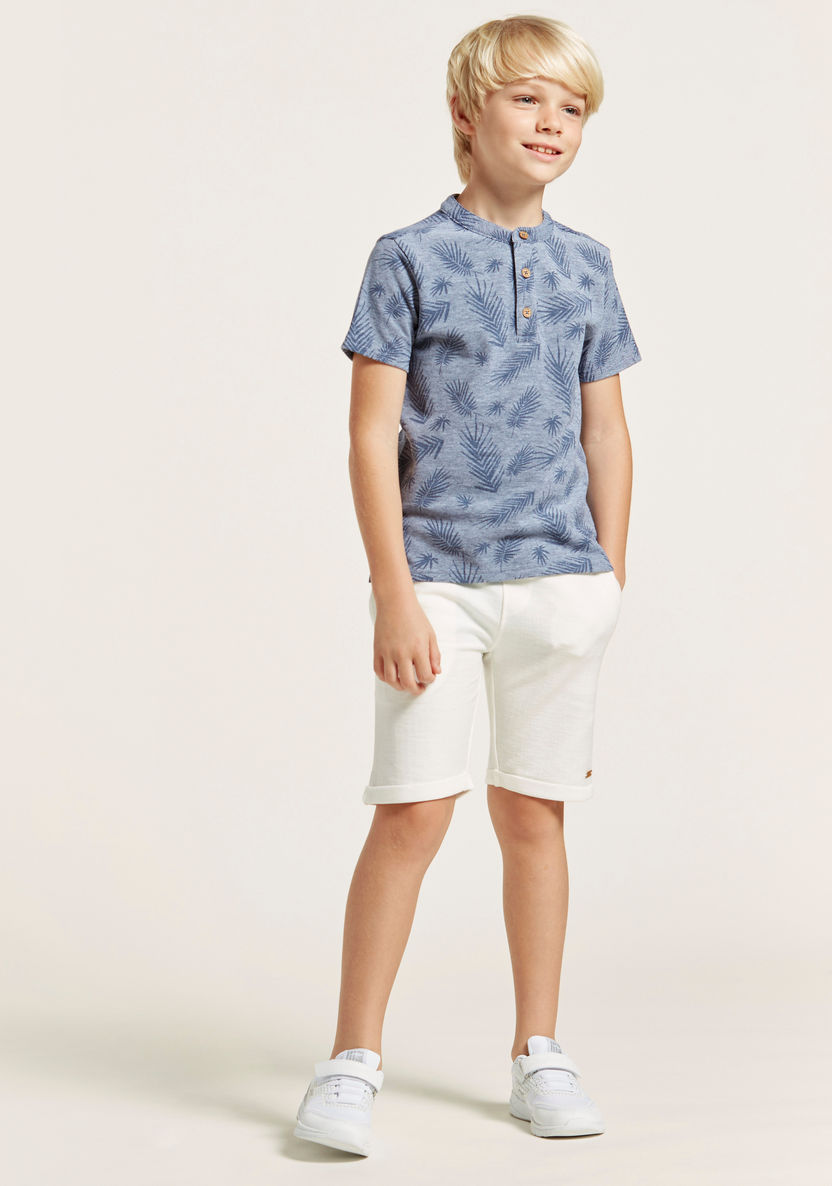 All-Over Print Henley Neck T-shirt with Solid Shorts Set-Clothes Sets-image-0